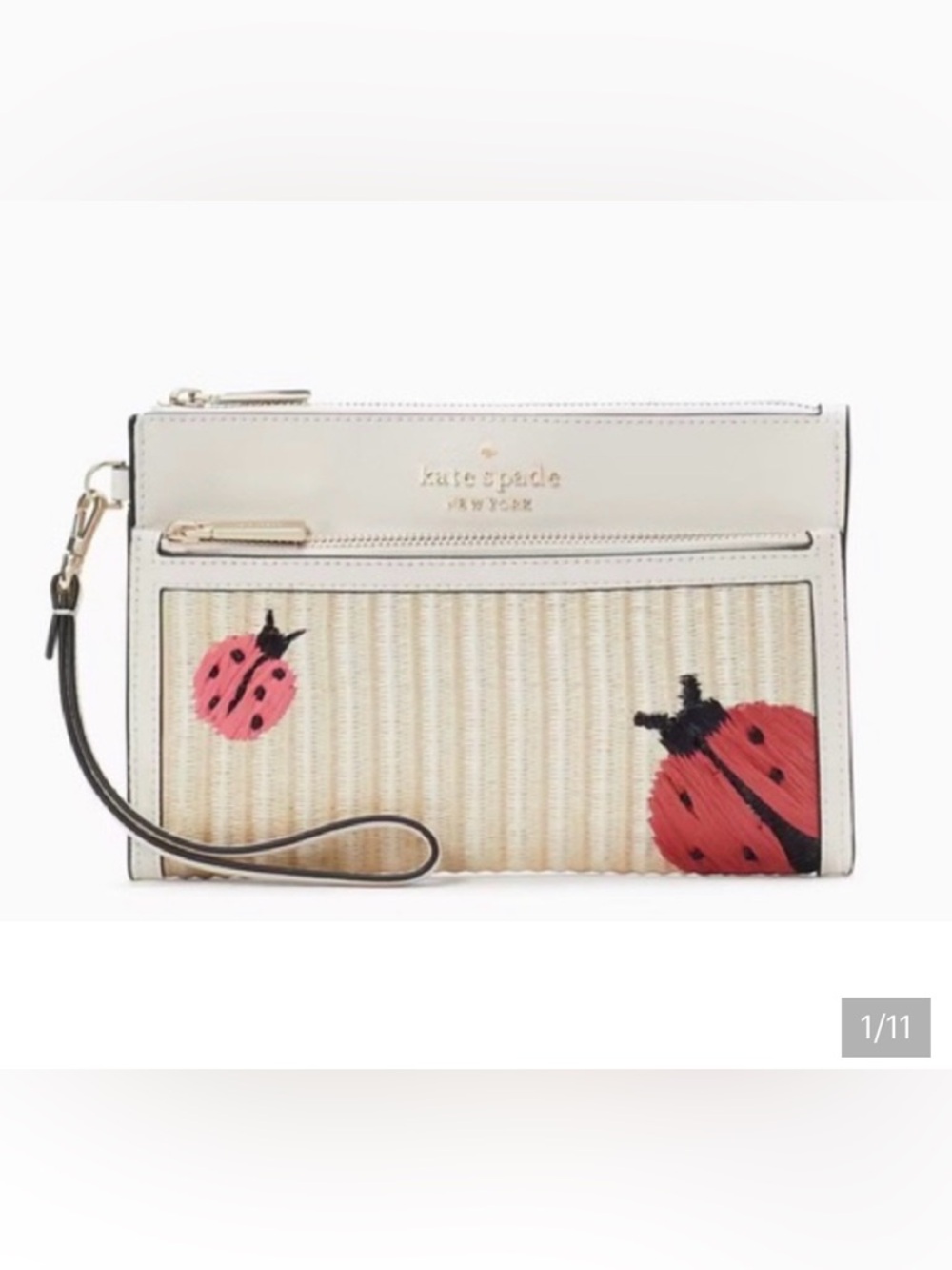 Kate Spade Dottie Ladybug Embroidered Natural Straw Wristlet Clutch NWT $179